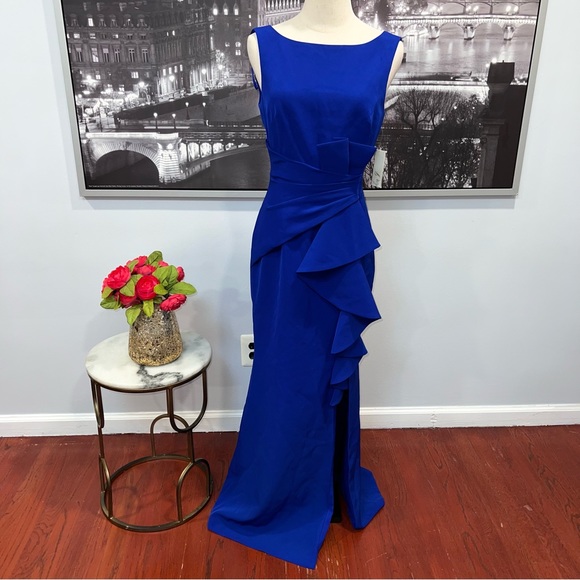Eliza J Sleeveless Cascading Ruffle Front Gown - Blue - New With Tag - Reemoly - Picture 5 of 16